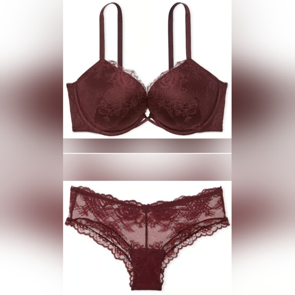 34D/M VS Rose Lace Bombshell Bra Rose Lace Cheeky Panty Set